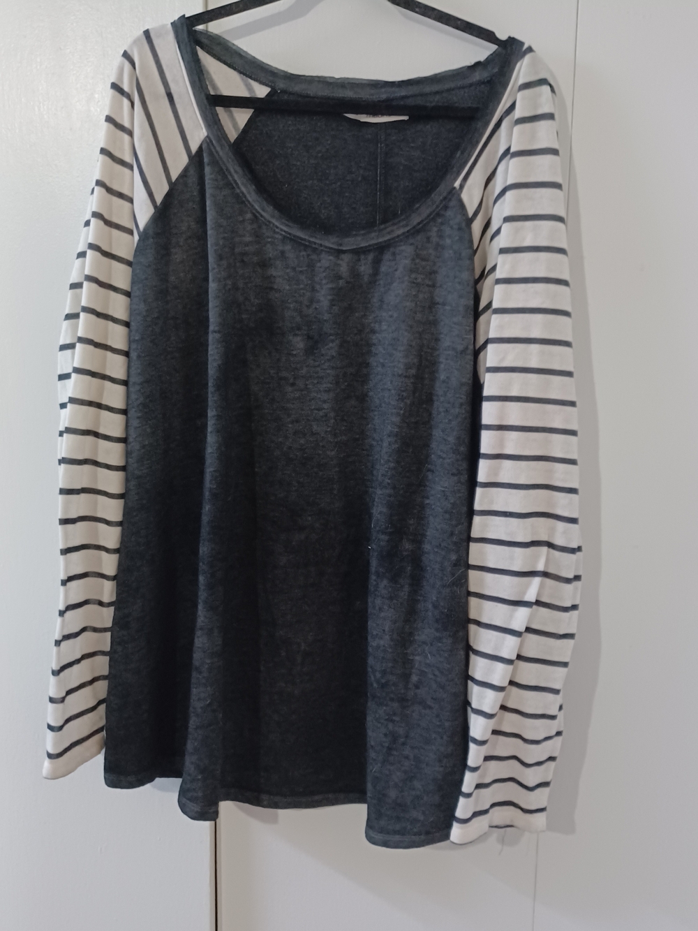 Maurices Charcoal Body with White and Black Striped Raglan Long Sleeve